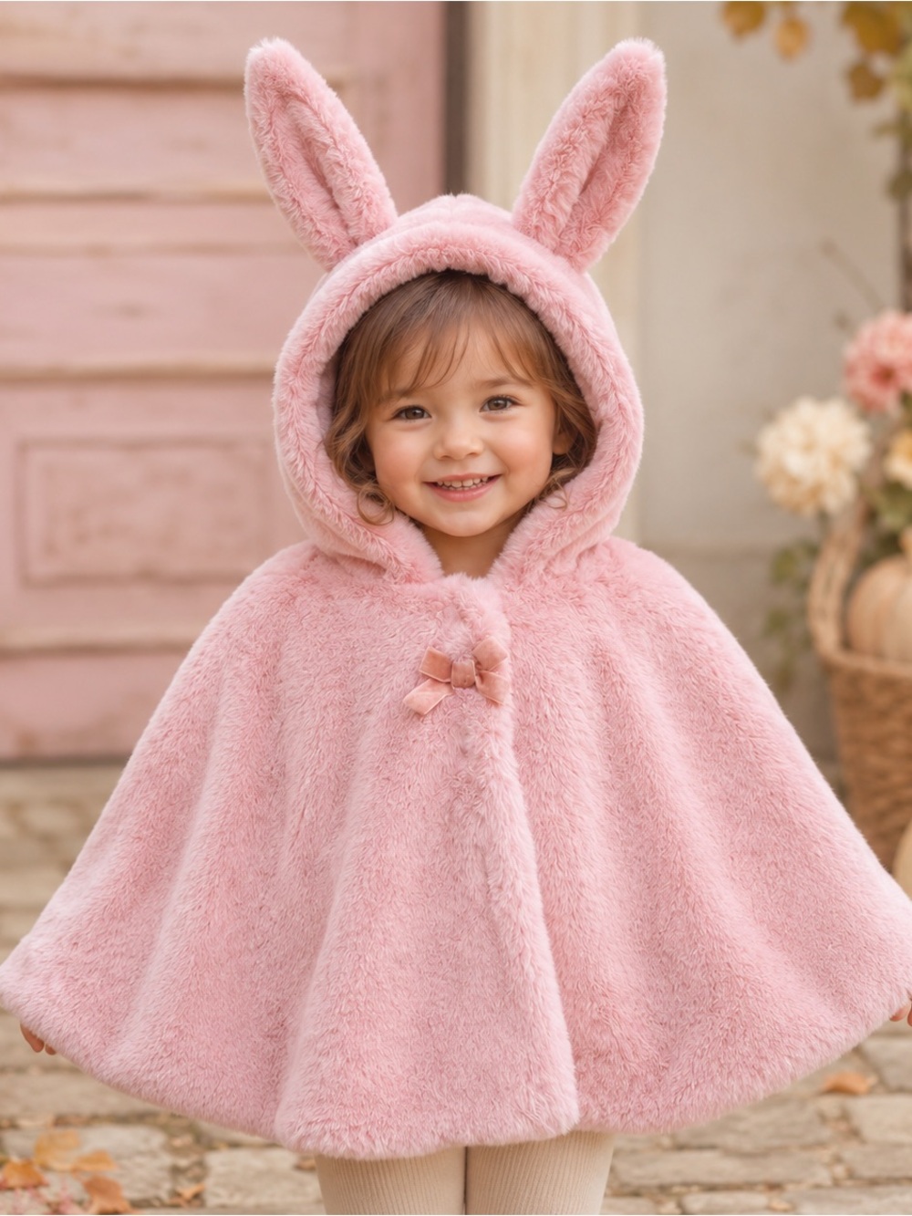 Pink Bunny Rabbit Halloween Costume Cape Toddler Baby Faux Fur Hooded Poncho